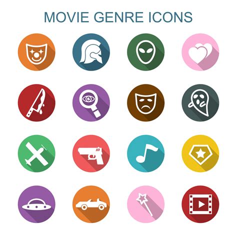 Various movie genre icons like action, comedy, horror, sci-fi